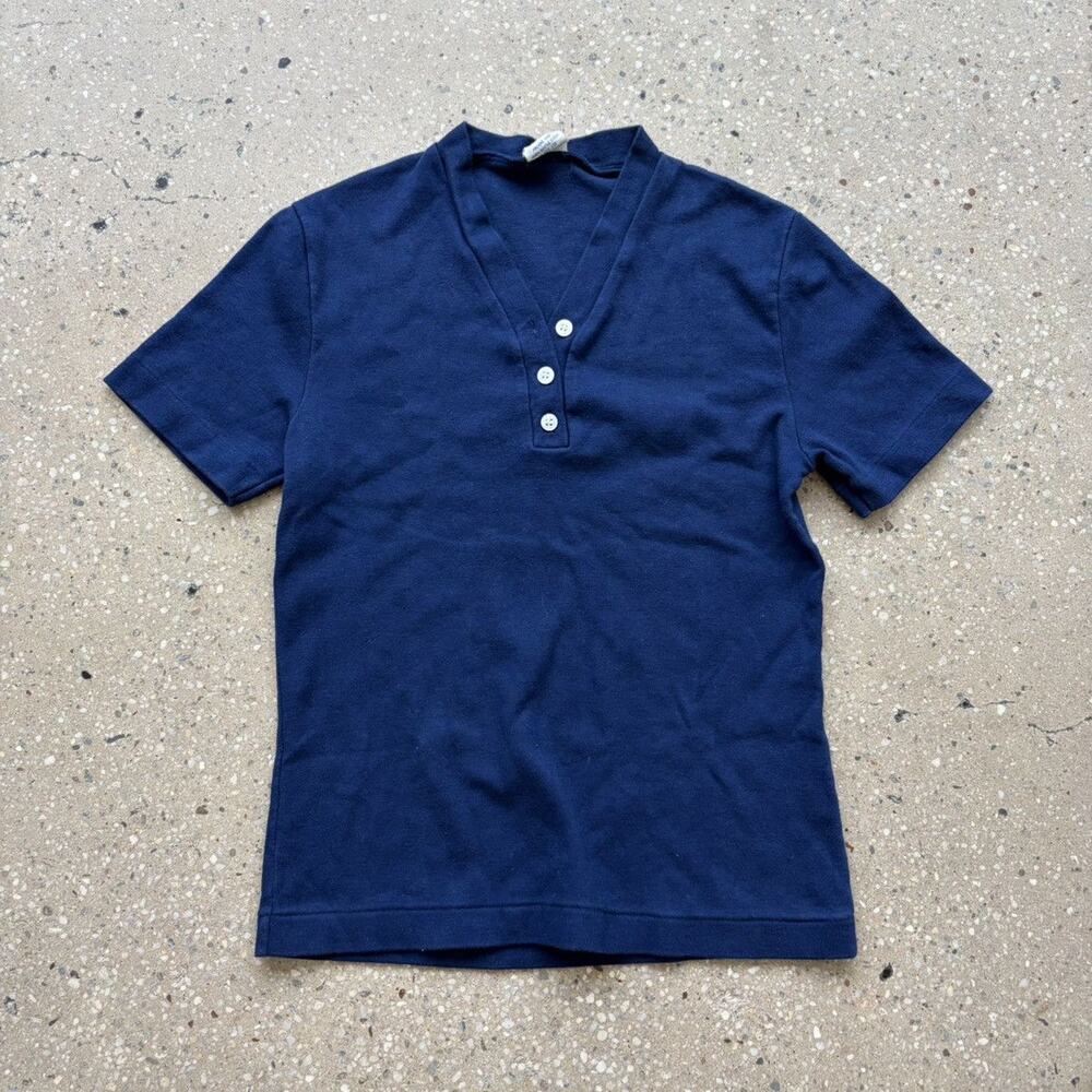 Vintage 70s Variety Blue Blank Cotton Henley Top